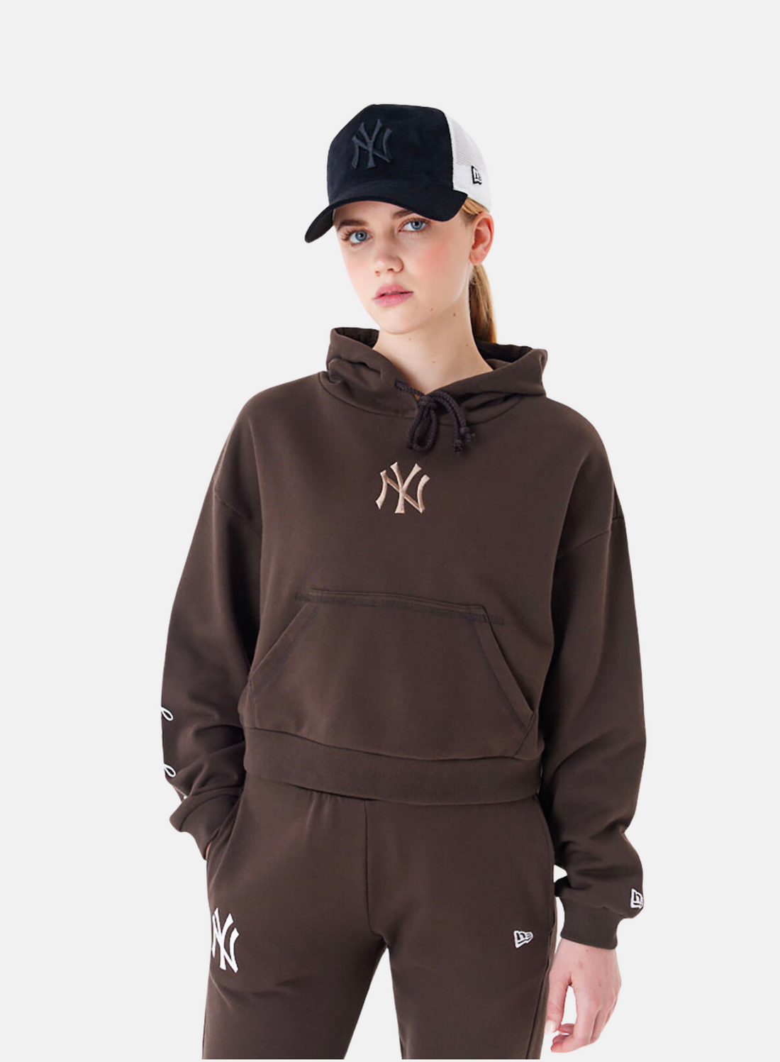 New Era NY Yankees MLB Womens Crop Pullover Hoodie Brown - Hympala Store 