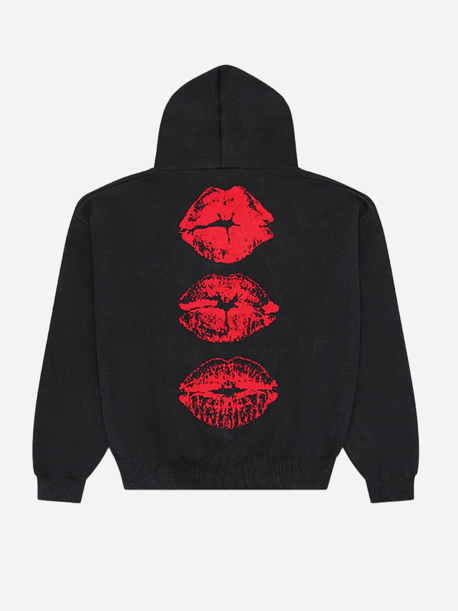 Red Lips Knitted Hoodie Black